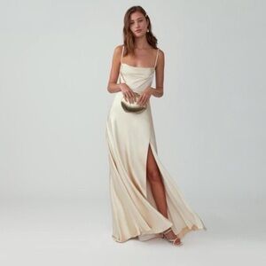 Fame and Partners Pearl Ivory Full Length Dress with Leg Slit